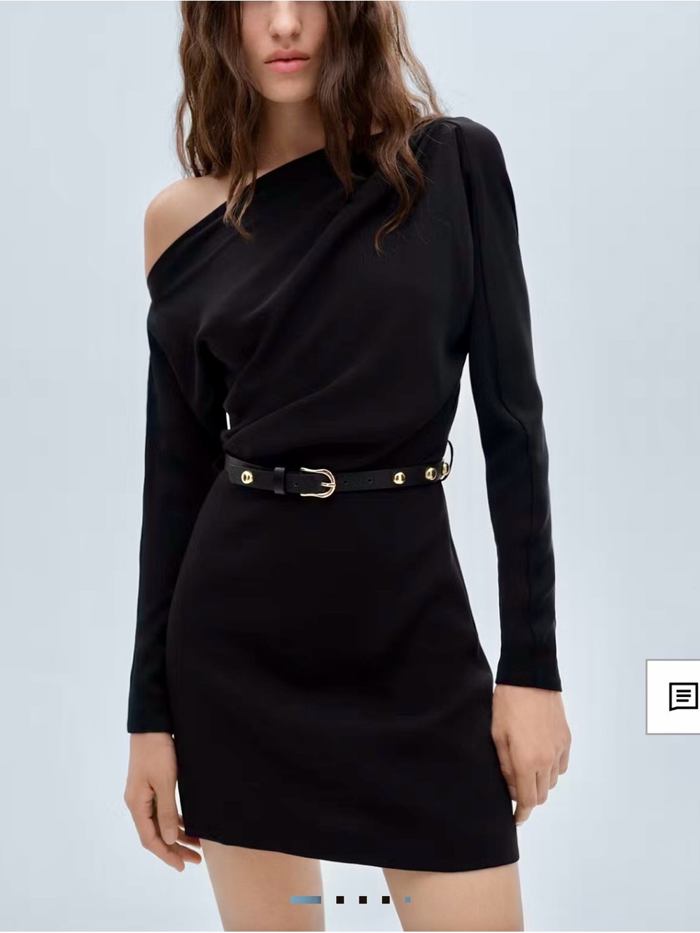 Mango Black One-Shoulder Long Sleeve Mini Dress with Gold Buckle Belt